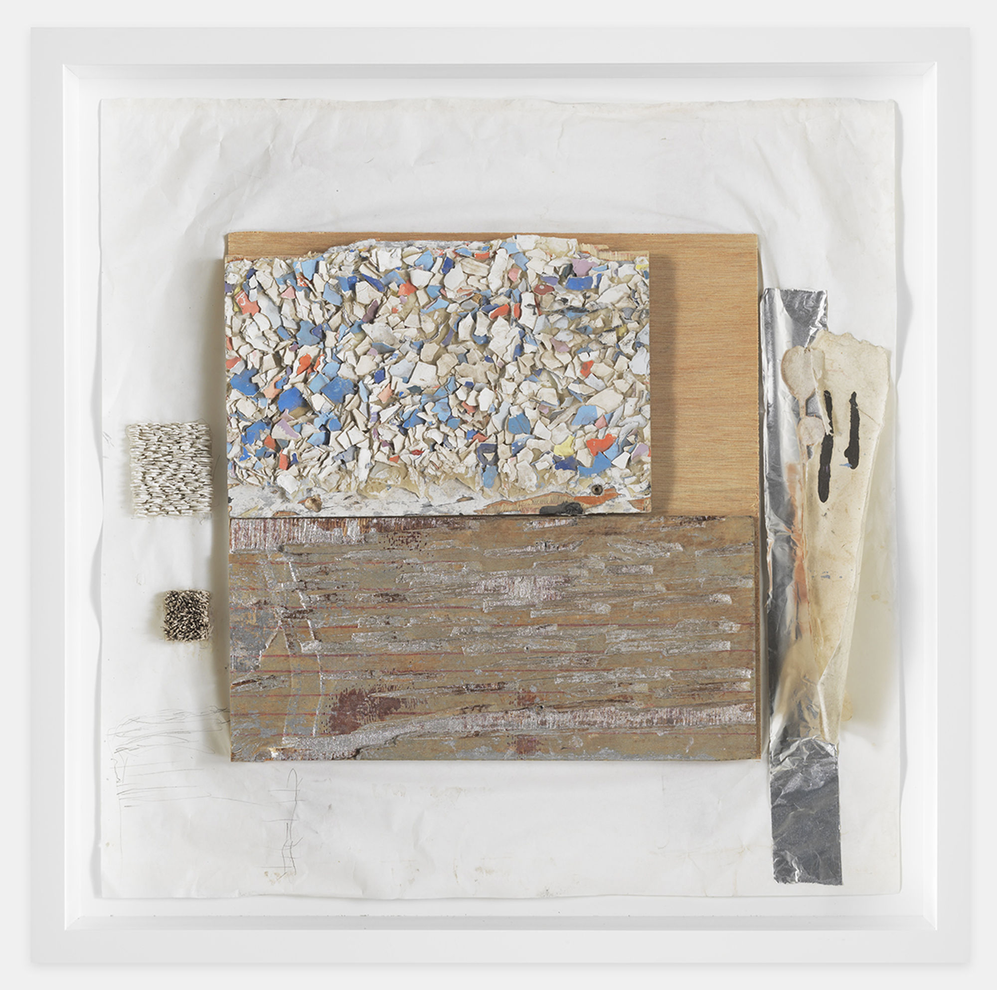 Leonardo Drew Number 238, 2020 Paint, plaster, wood, paper and aluminum tape 24 x 24 x 2 inches (61 x 61 x 5.1 cm) Framed: 26 x 26 x 3.75 inches (66 x 66 x 9.5 cm) GL14354