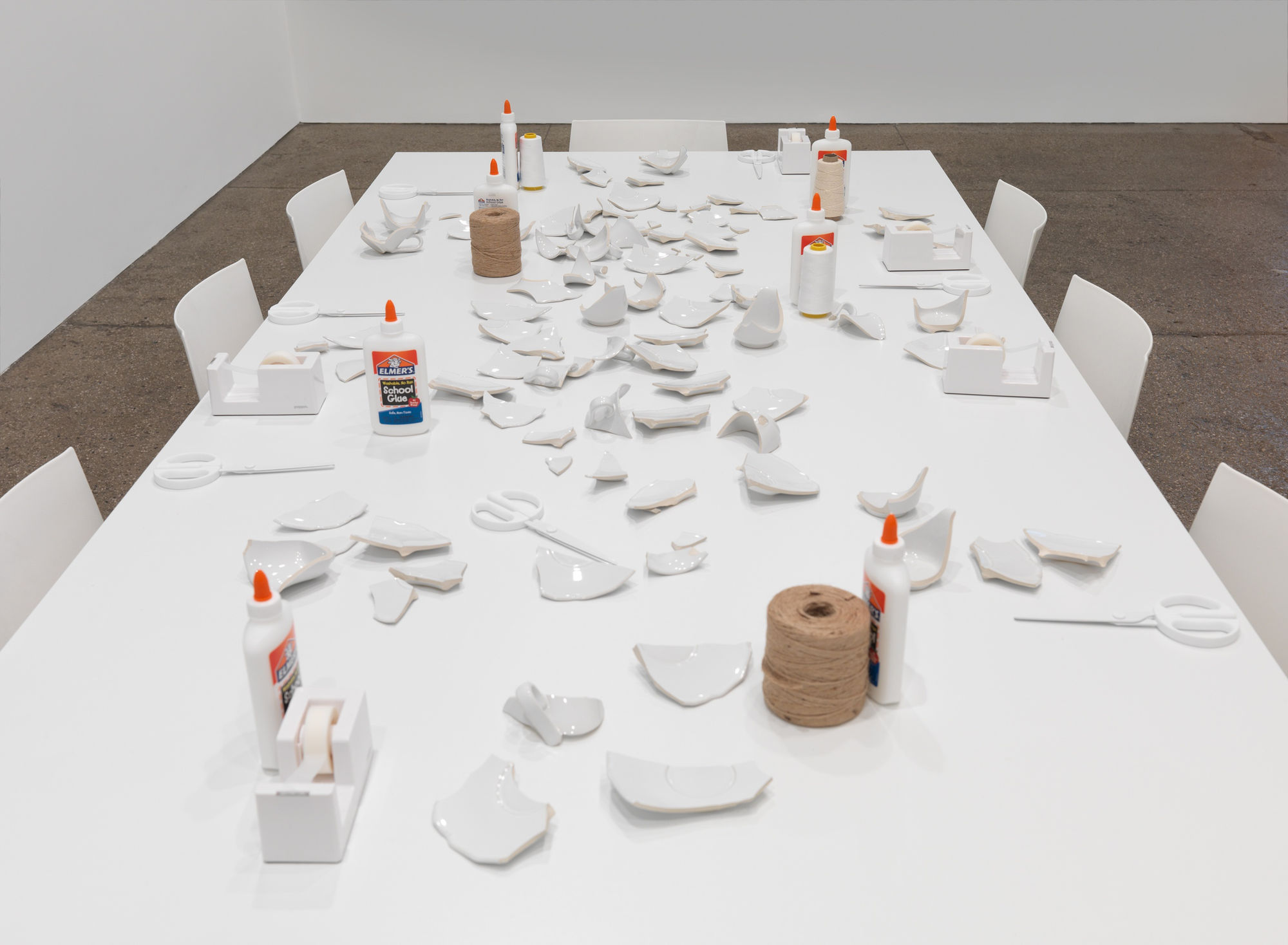 Yoko Ono Mend Piece (Galerie Lelong, New York 2015/2016), 1966 / 2015 Ceramic, glue, tape, scissors, and twine Dimensions variable