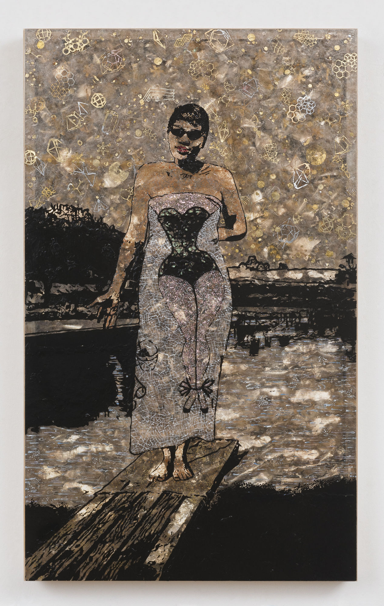 Jane Hammond Funny Towel, 2017 Acrylic paint on mica over Plexiglass with silver, gold, copper and palladium leaf 51.5 x 31 x 3.75 inches (130.8 x 78.7 x 9.5 cm)