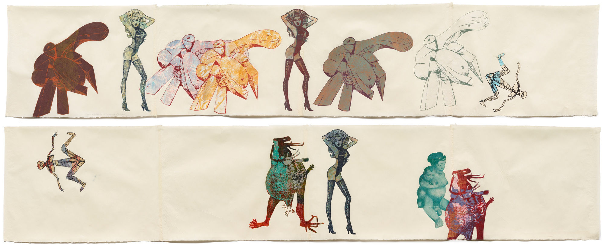 Nancy Spero Picasso and Frederick's of Hollywood, 1990 Handprinted collage on paper 2 parts: 17.25 x 109.625 inches (43.8 x 278.4 cm) each