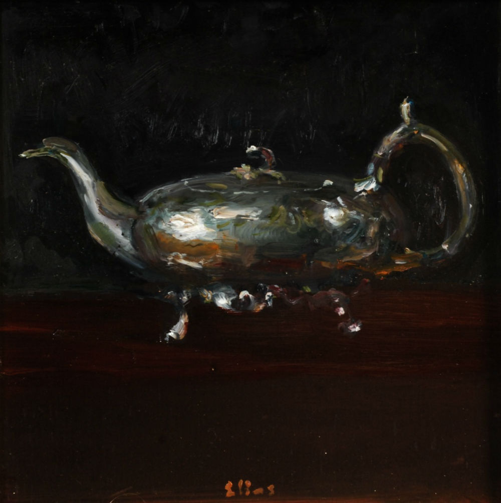 Platte pot op rood - 2018 - Olieverf op paneel - 40 x 40 cm