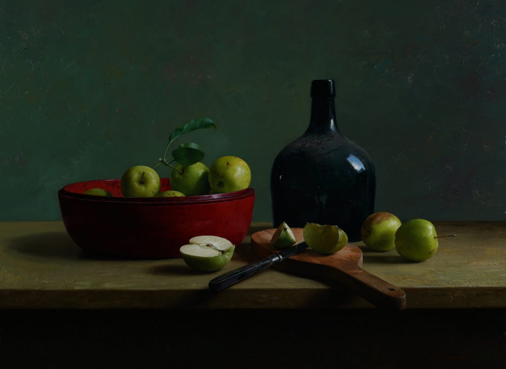 Qiangli Liang - Rode bak met gesneden appels - 2018 - olieverf op doek - 60 x 80 cm