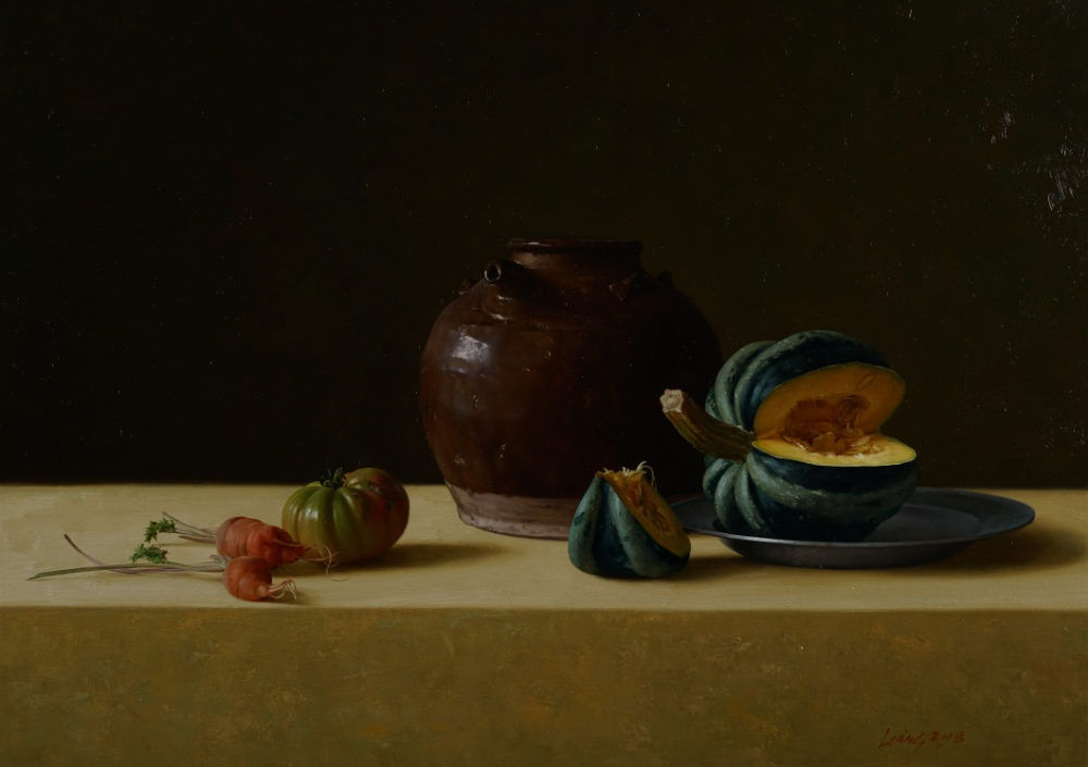 Qiangli Liang - Gesneden pompoen met bruine pot - 2018 - olieverf op doek - 50 x 70 cm