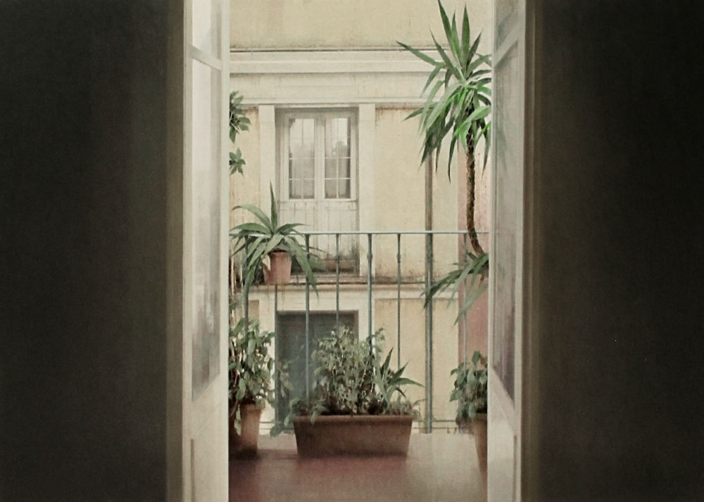 Carlos Morago - Balcón con plantas - 2018 - Olieverf op paneel - 50 x 70 cm