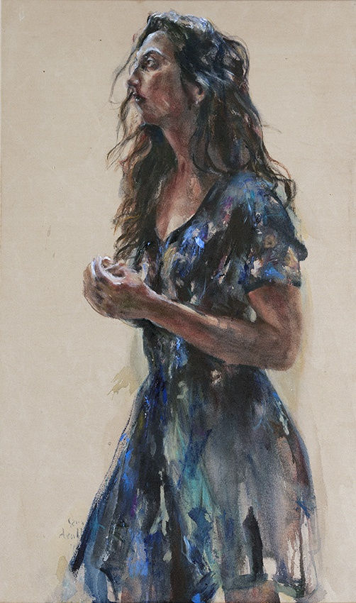 Sam Drukker - Vrouw in blauwe jurk (natasja) - 2018 - olieverf op doek - 100 x 60 cm