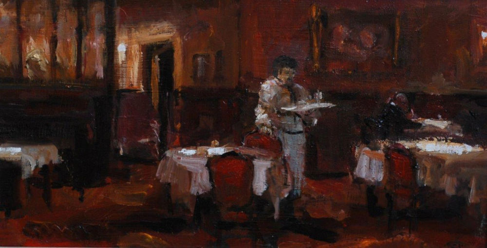 Douwe Elias - De ober - 2018 - olie op paneel - 25 x 40 cm