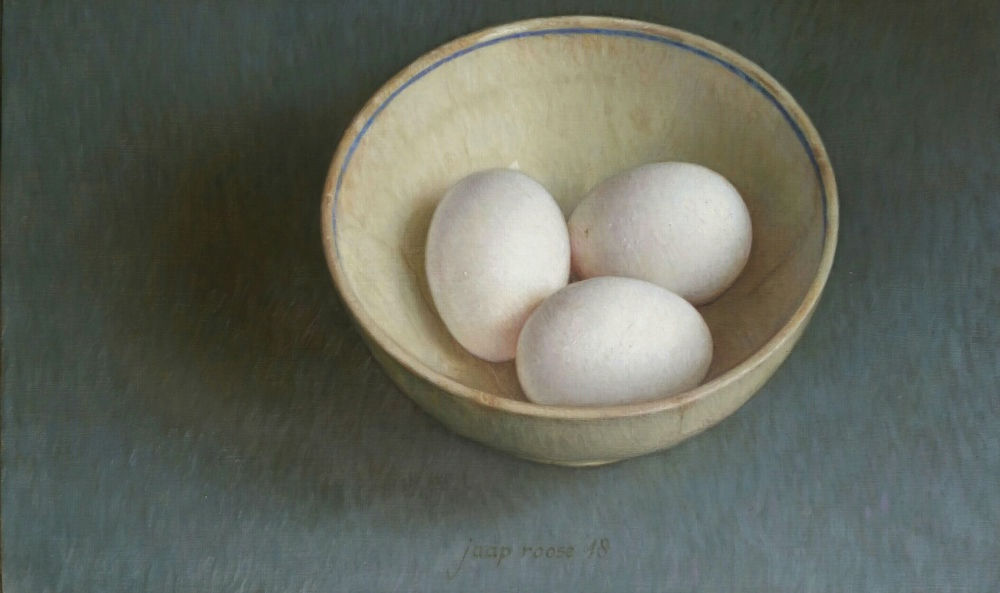 Jaap Roose - Kom met eieren - 2018 - Olieverf op mesoniet - 18 x 30 cm