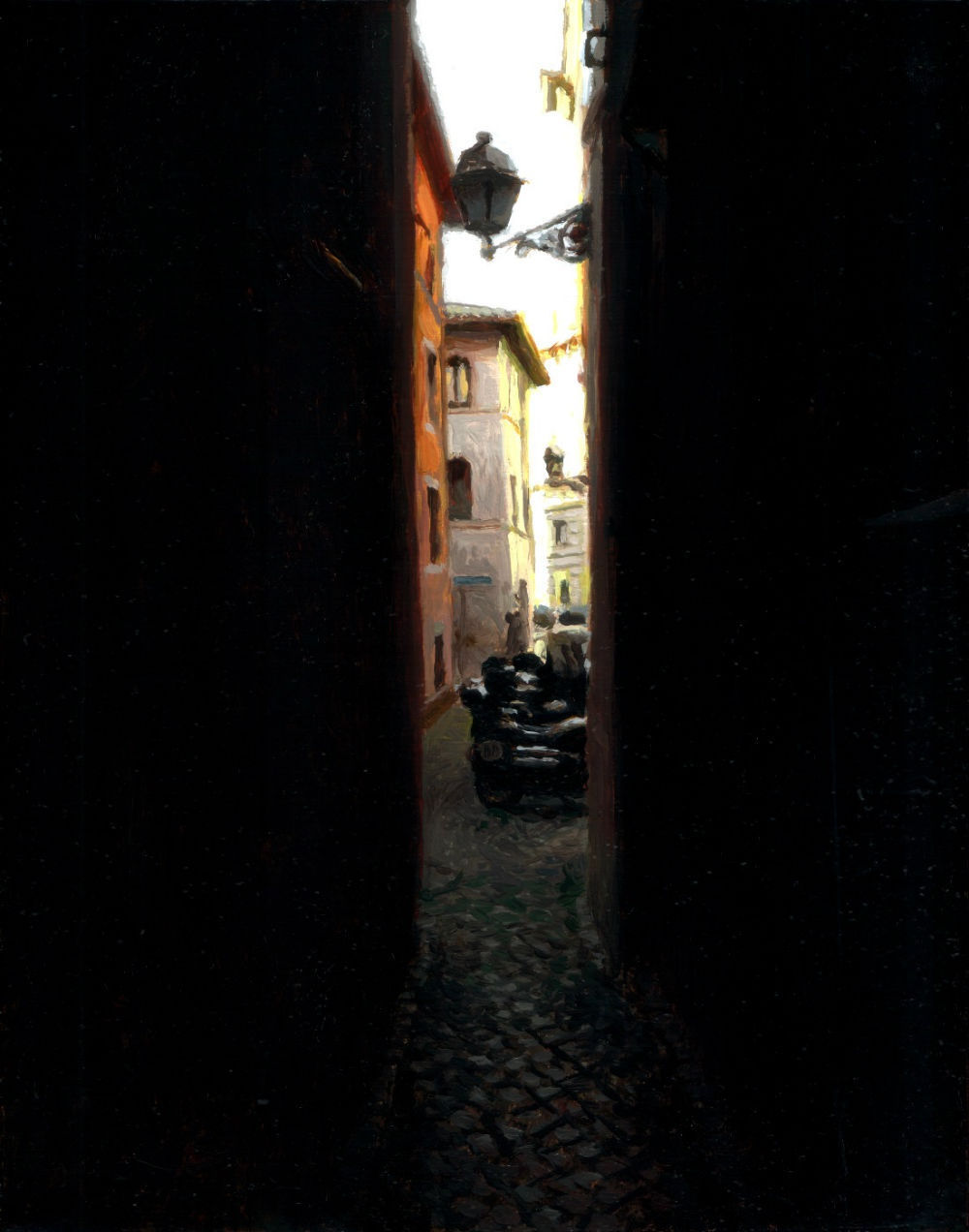 Jan Maris - Steeg en scooters - 2018 - olieverf op doek - 23 × 18 cm