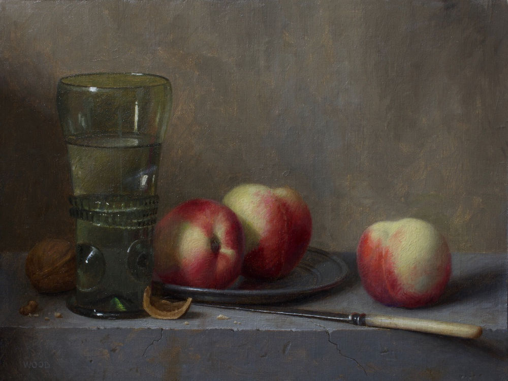 Justin Wood - Still Life with Peaches and Green Glass - 2018 - olieverf op doek op paneel - 23 x 30 cm