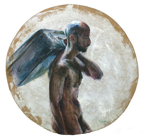 Sam Drukker - Man met koffer - 2017 - olieverf op hout - diameter 88 cm