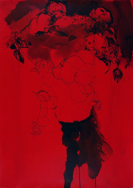 Sam Drukker - Plant op krukje - 2017 - acryl en inkt op papier - 115 x 80 cm