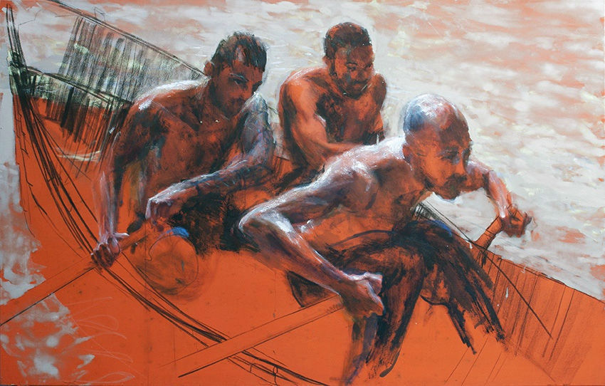 Sam Drukker - Roeiers oranje - 2017 - olieverf op doek - 125 x 200 cm