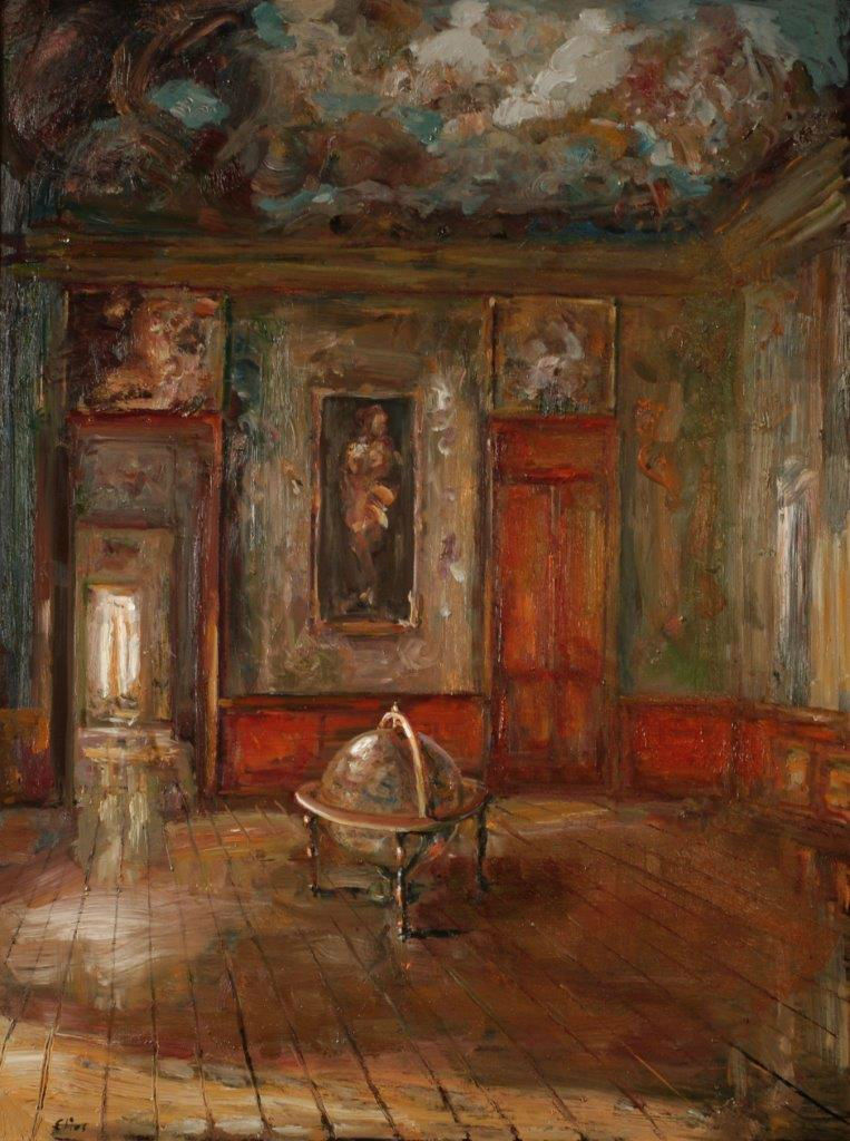 Douwe Elias - Interieur met wereldbol - 2016 - olieverf op doek - 120 &times; 90 cm