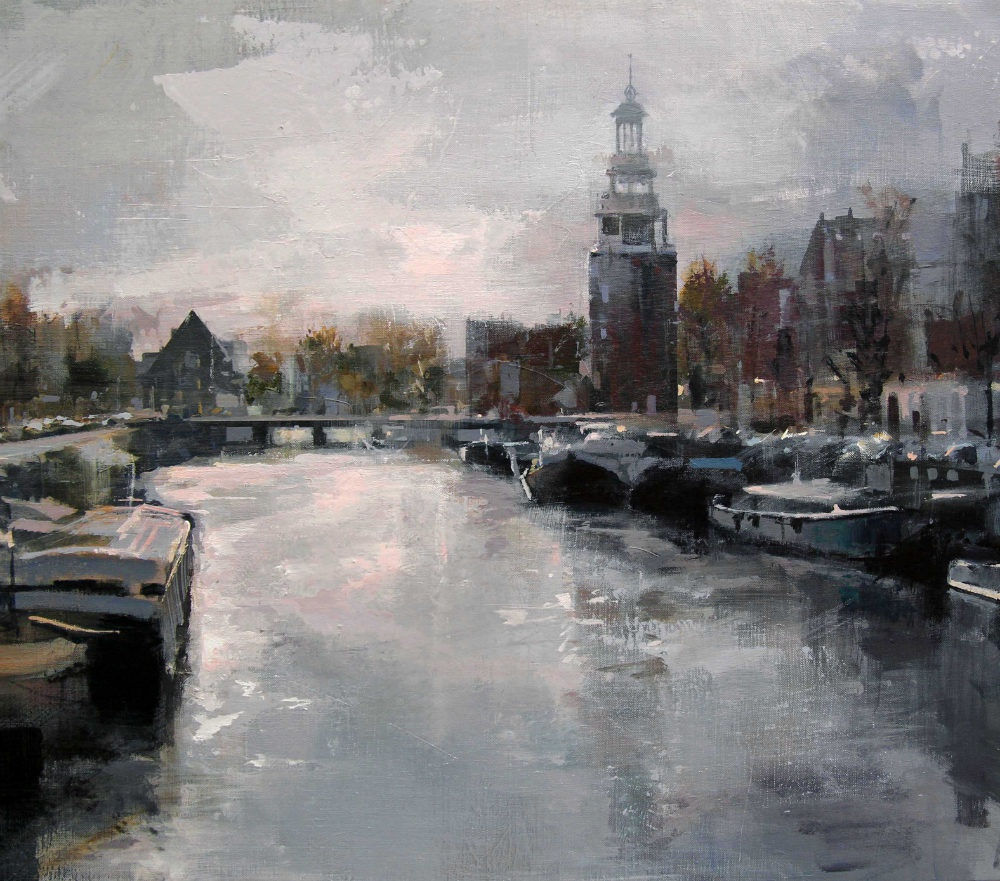 Urr&eacute;jola - Amsterdam Canal - 2016 - olieverf op doek - 65 x 73 cm