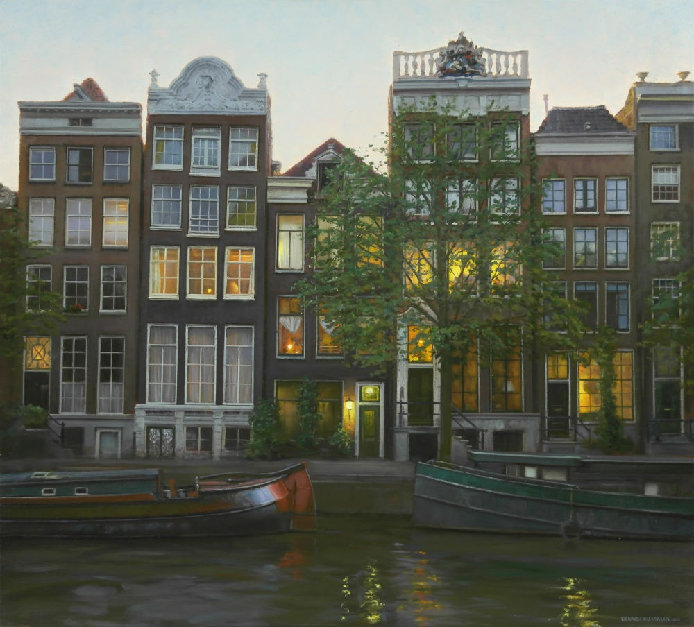 Gerard Huysman - Avond, huizen aan de gracht - 2016 - olieverf op paneel - 80 x72 cm