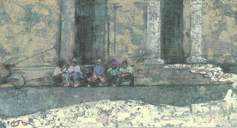 Onno Boerwinkel - Davanti a la chiesa - 2014 - pastel en gemengde techniek