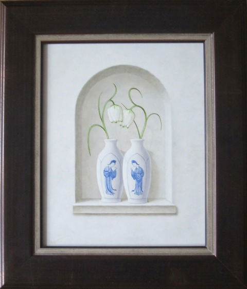 Chinese vaasjes met Kievitsbloemen. - 2014 - olieverf op paneel - 30 x 24 cm