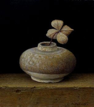 Aad Hofman - Vaasje met gedroogd Hortensiatakje - 2014 - olieverf op paneel - 10 x 9 cm