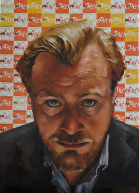 Teun de Boer - Christopher Nolan op Pathékaartjes - 2013 - olieverf en Pathékaartjes op doek - 70 x 50 cm