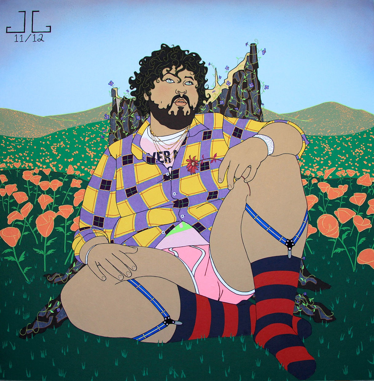 Seated figure with dark hair and a beard gazing skyward, left arm resting on his raised left knee, wearing a purple and yellow window-pane shirt and pink briefs and blue and red striped socks.