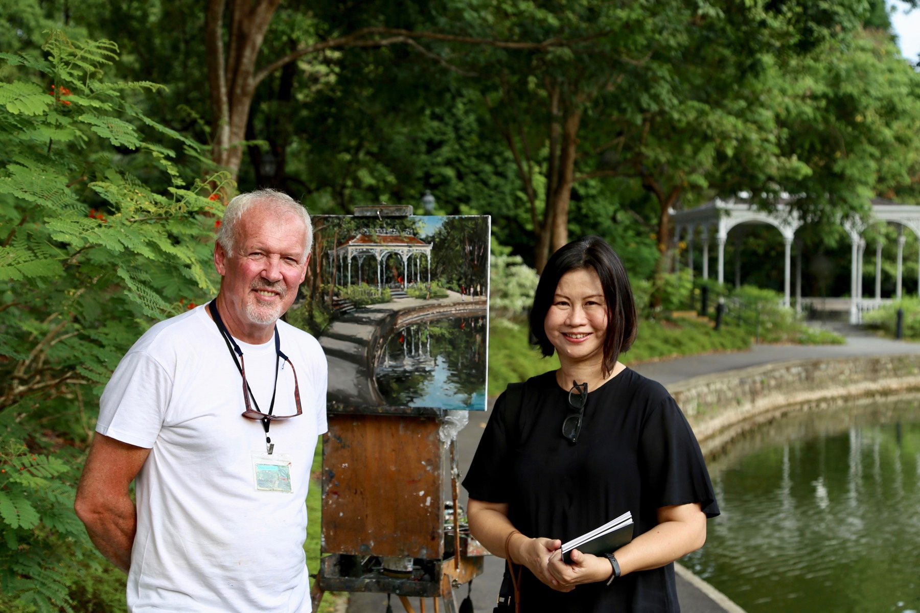 02 SEPTEMBER 2019 SINGAPORE BOTANIC GARDENS Gerard Byrne with Pauline Gan, Plural Art Mag The Swan Lake Gazebo photo: Agata Byrne