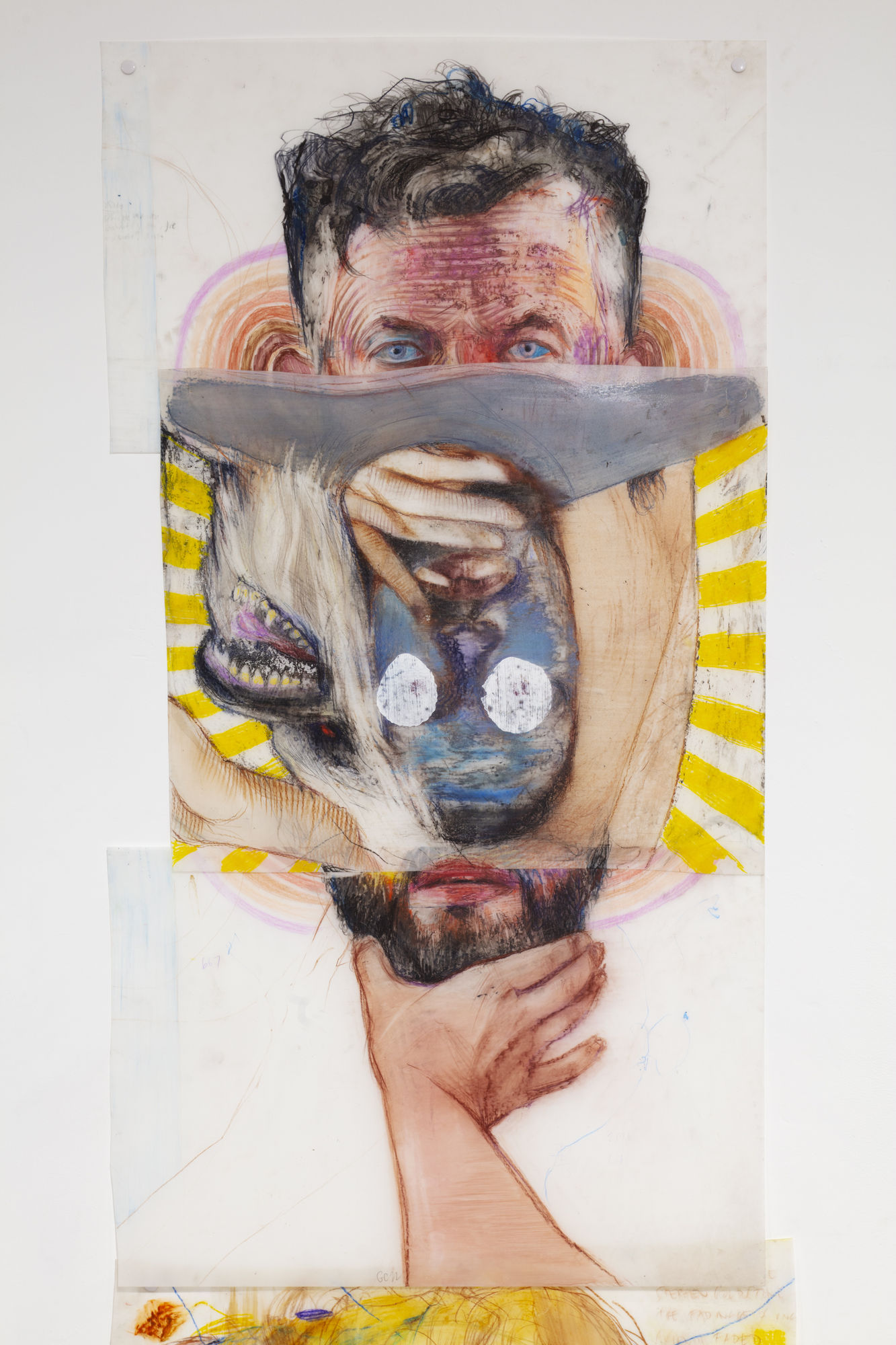 Geoffrey Chadsey smoke-split, 2022 Watercolor pencil and crayon, spray paint on mylar, tape. 88.9 x 48.3 cm (35 x 19 in)