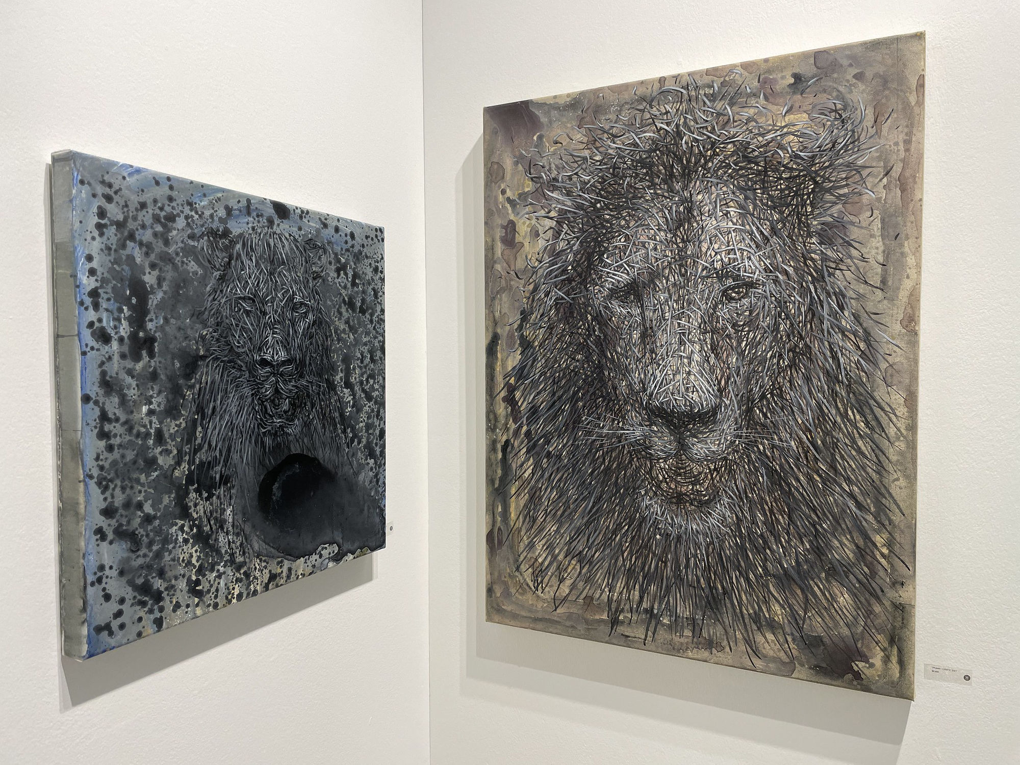  CONTEXT Art Miami installation 2021, black and white paintings of lions by DALEAST
