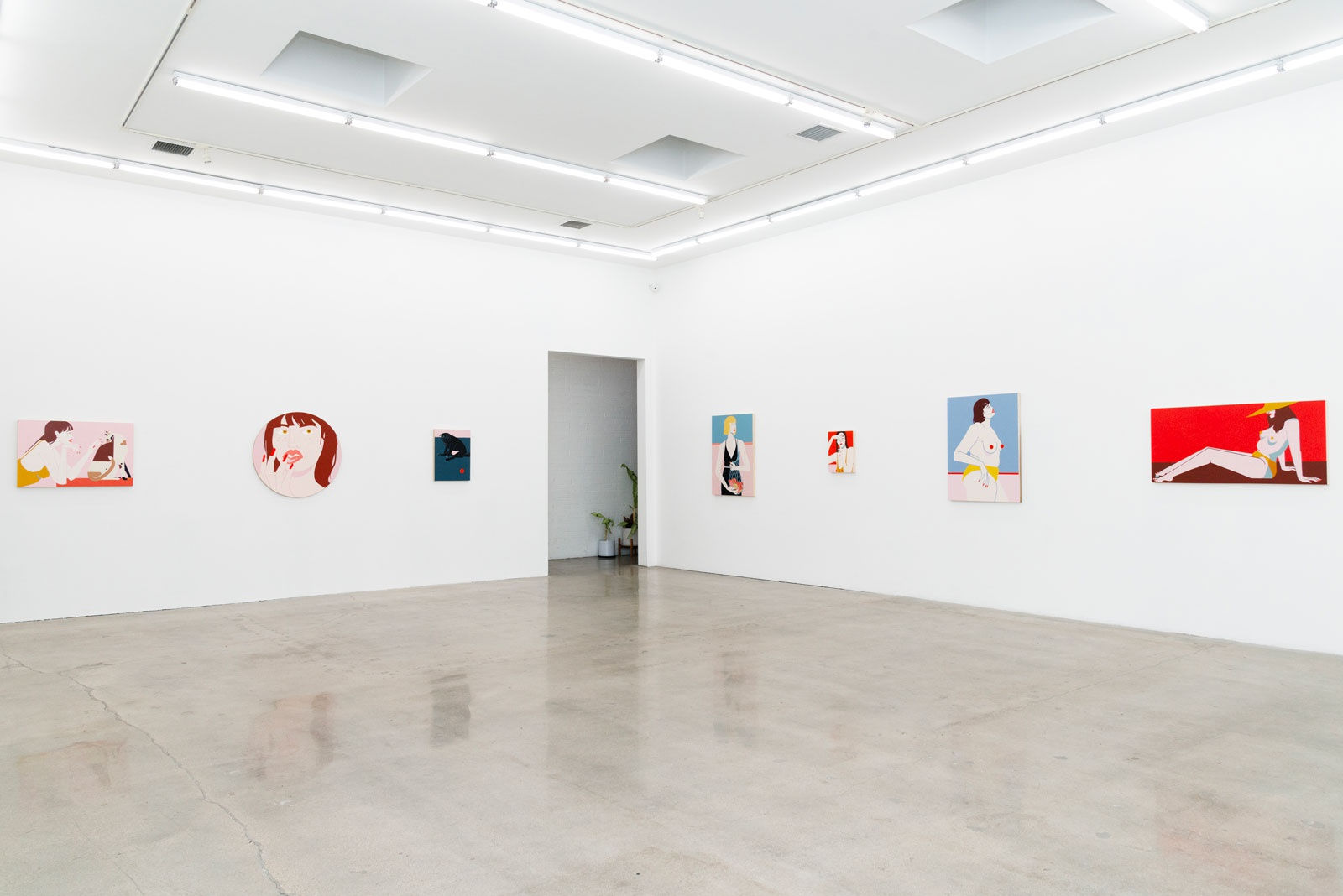 Installation shot of the south and east gallery wall with the paintings Pebble, Wonder, Sucker, Citrus, Olie, Lip Gloss and Calico