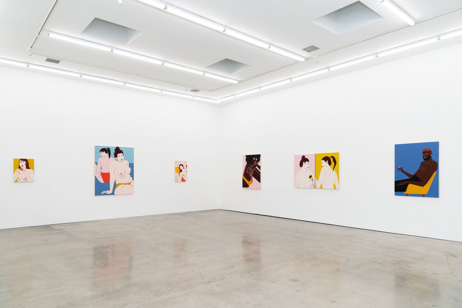 Installation shot of north and west gallery wall with paintings Adoration, Dazzle, The Escape, Sun Day and Clementine.