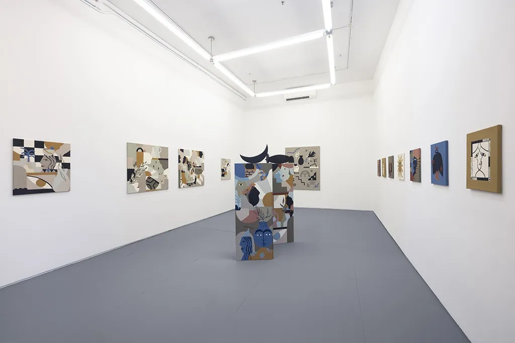 Installation image of collage like artworks from artist Madi