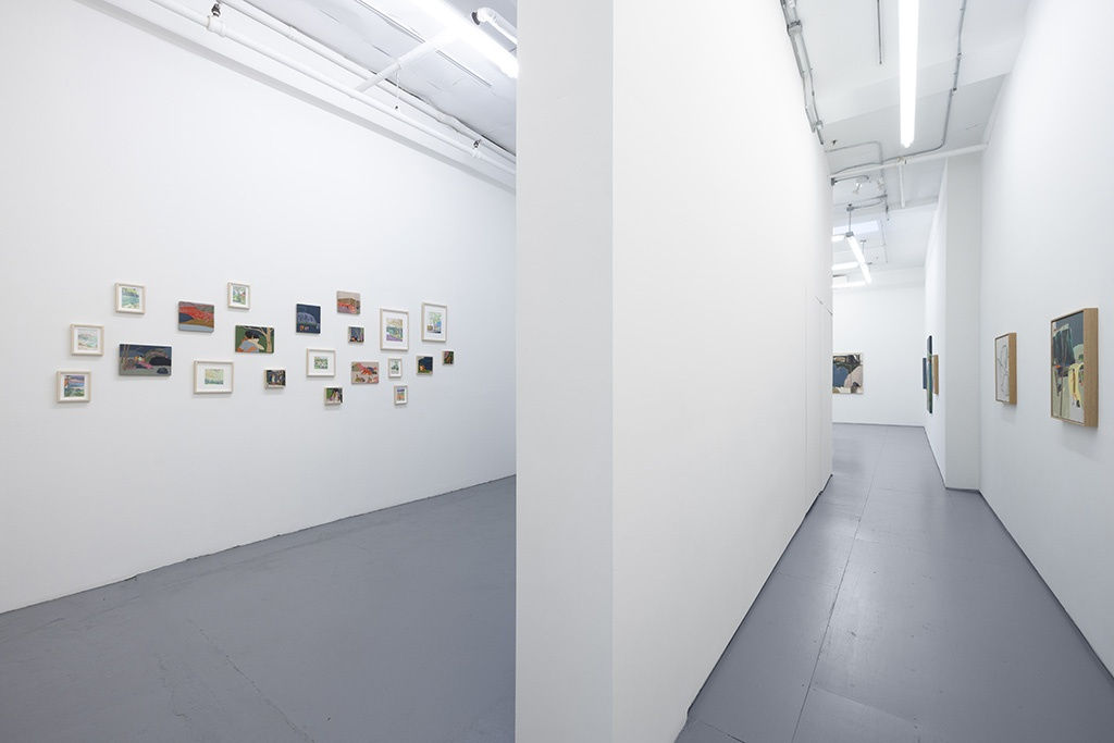 installation view of Seonna Hong artworks hung on white walls