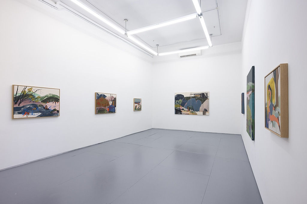 installation view of Seonna Hong artworks hung on white walls