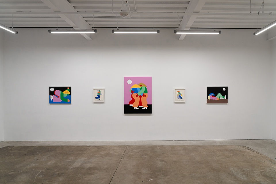 Installation view of Marbie's solo show "Good Love is Hard to Find," where images of abstracted figures, rendered in bright, color blocked hues, pose in various positions.