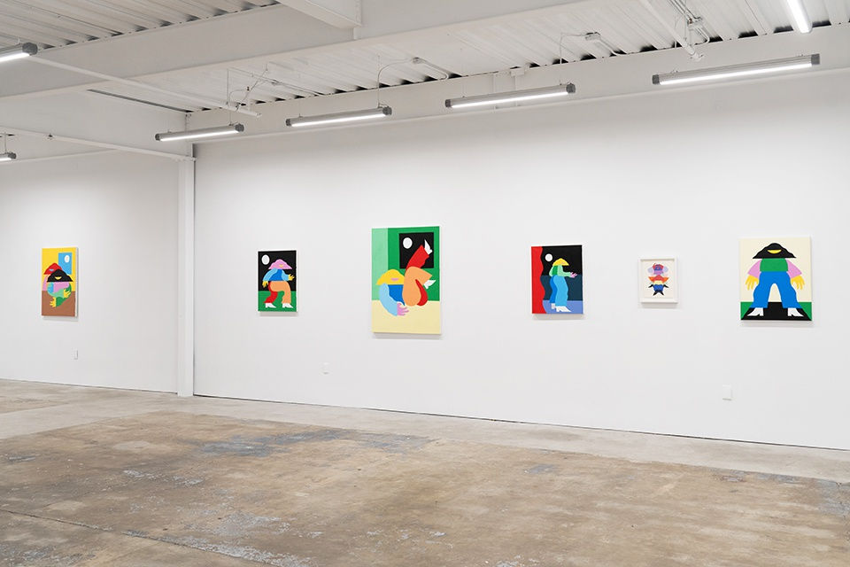 Installation view of Marbie's solo show "Good Love is Hard to Find," where images of abstracted figures, rendered in bright, color blocked hues, pose in various positions.