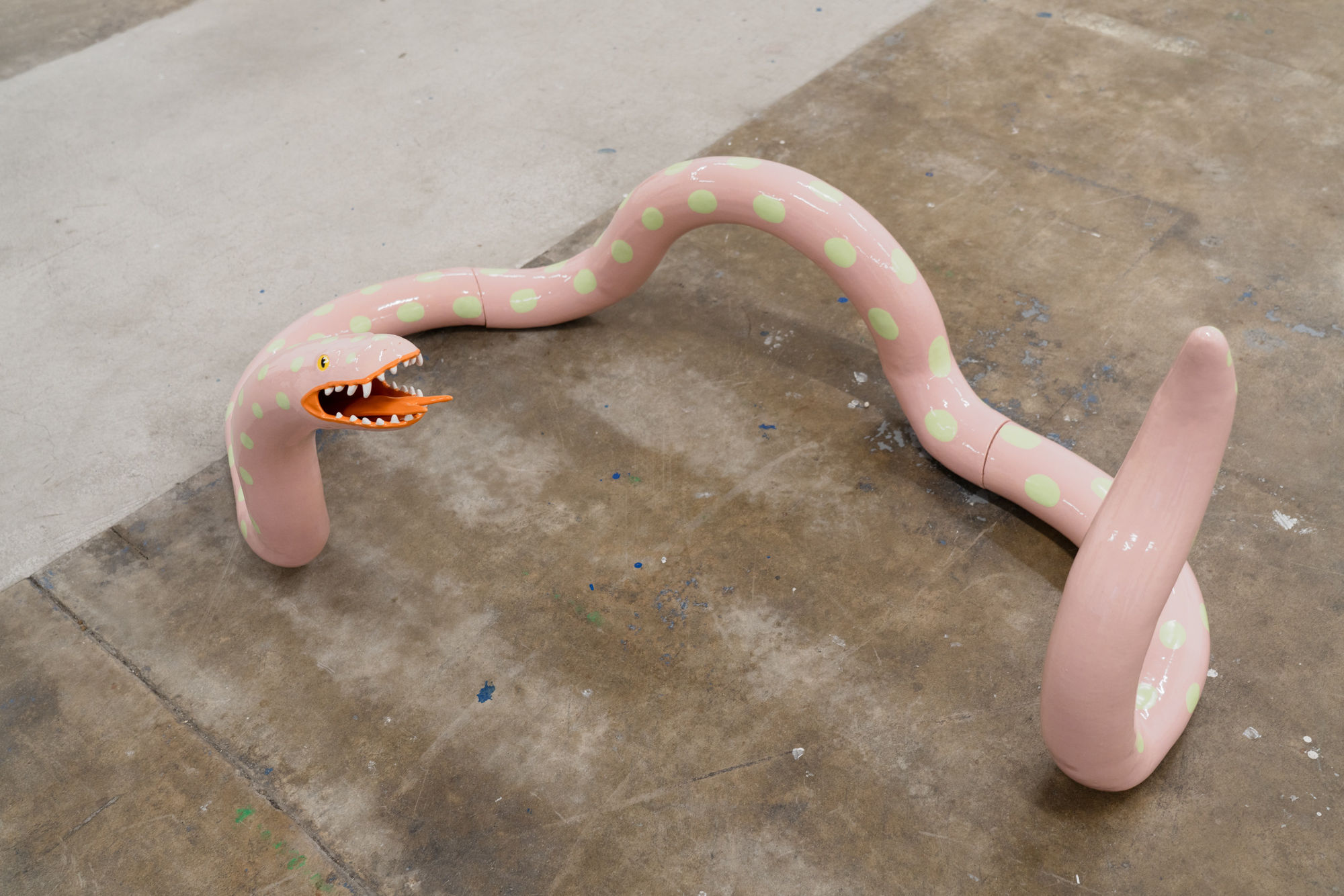 Installation photo of Lorien Stern's solo exhibition "old friends" , specifically a sculpture of a pink snake