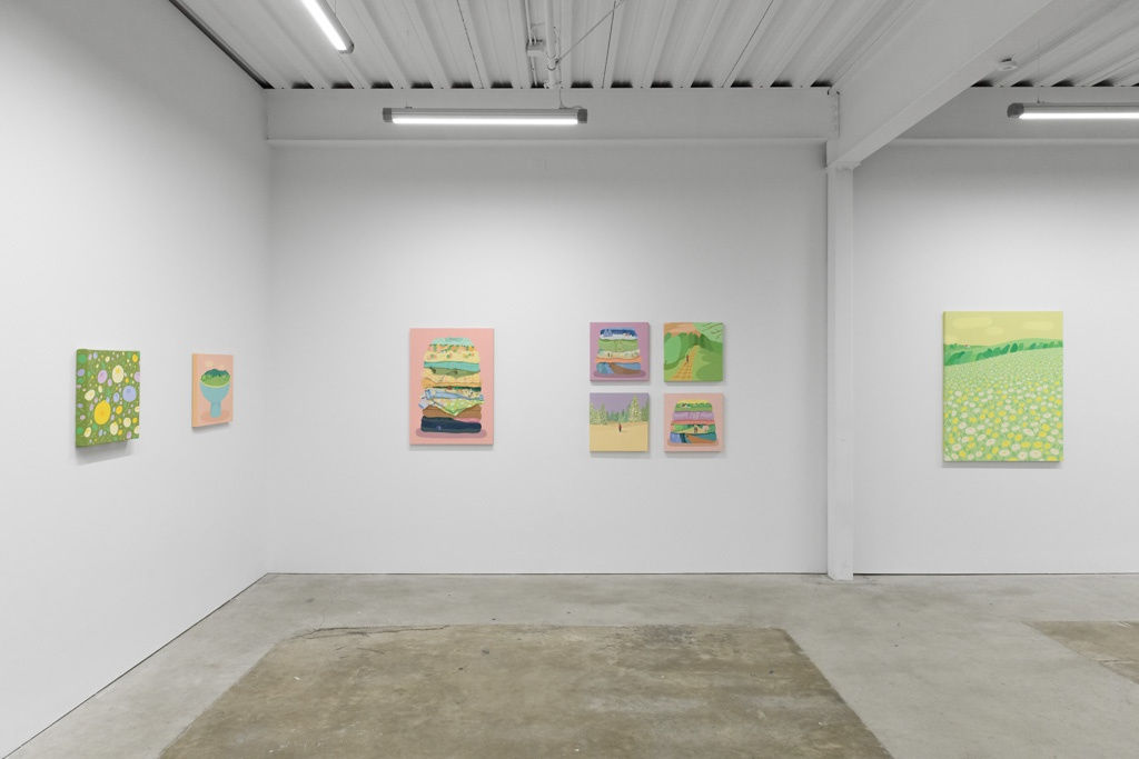 Install photo of Danym Kwon's "A Soft Day." From left to right, "Flower Study," "A Bowl of Loving Home," "Lean on Me," "Watching the Snow Softly Falling" (top), "Your First Snow" (bottom), "Listen Closely" (top), "With You I am Home" (bottom), "Warm Greet