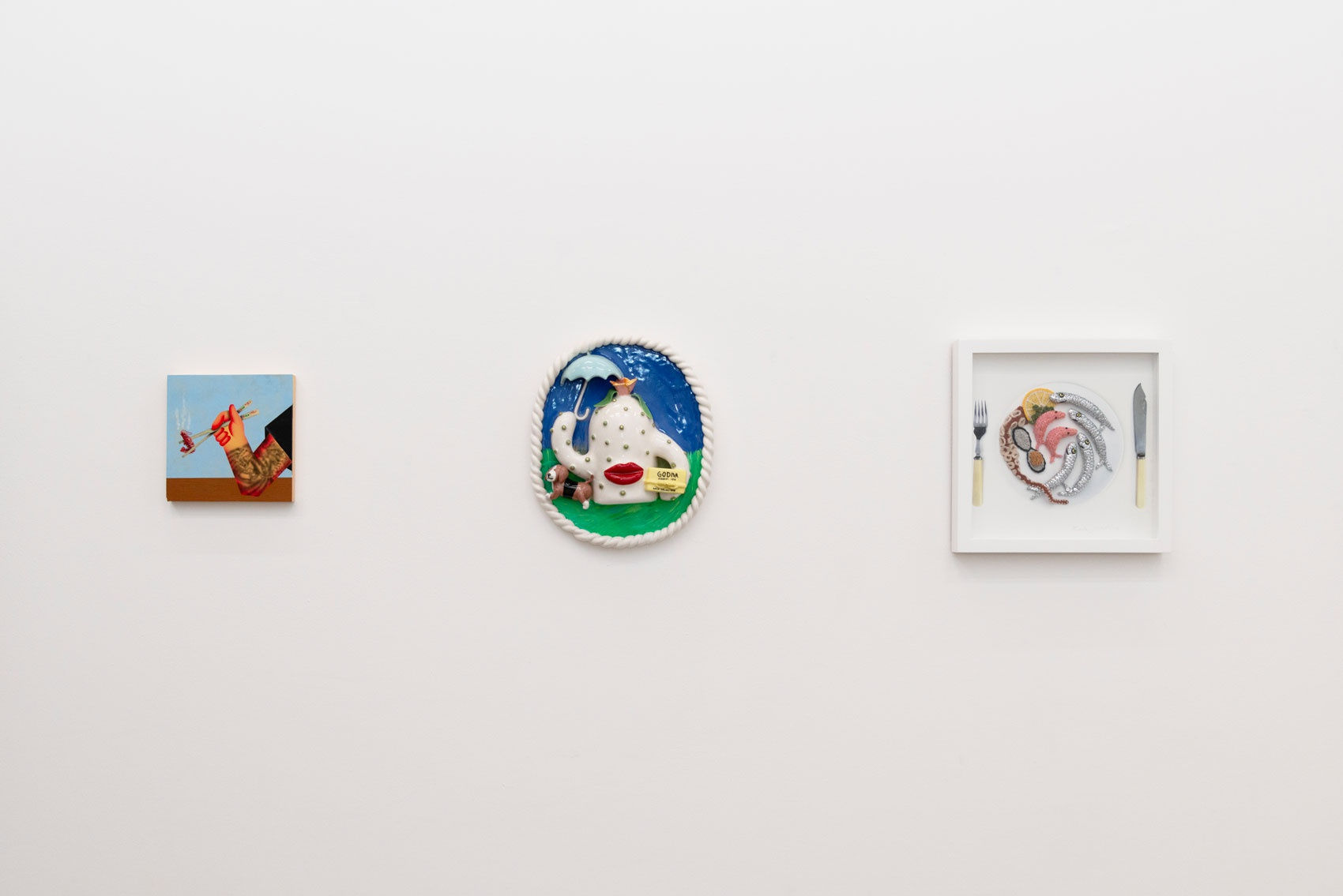 Installation image of Hashimoto Contemporary Los Angeles of artwork for the group exhibition Potluck