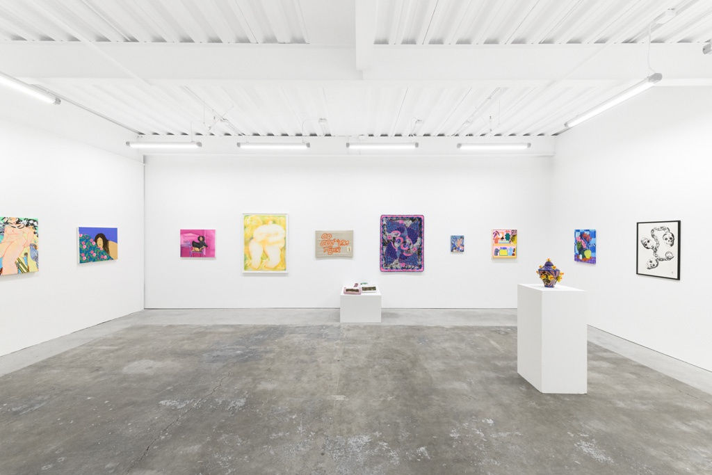 Install Image of Oddkin, from left to right, “Americans Don't Use Umbrellas・アメリカ人は傘をささない”, “Pensive Pleasure”, “Shifted Gaze”, “I’m A Friend”, “Go Get 'Em Tiger”, “Pair of Razors”, “Night Flyers”, “We Eat Lunch at Noon”, “Shelf with Fish, Sunburst & Plant