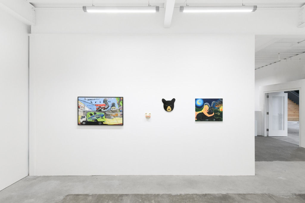Install Image of "Oddkin", from left to right, "Birds on the Block", "Balloon Frog", "Golden Black Bear", "Together at Collapse".