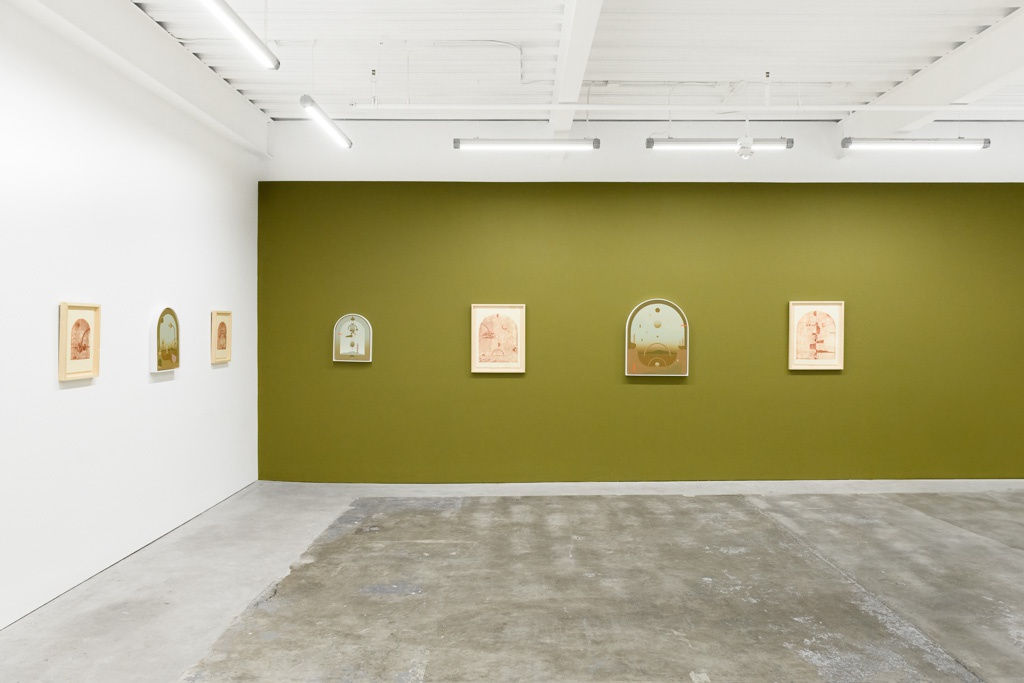 Install image of Petrichor, from left to right,“Igneous”, “Totality”, “Where the Rainbow Touches Ground”, “Petra”, “Fire Rainbow”, “Petrichor”.