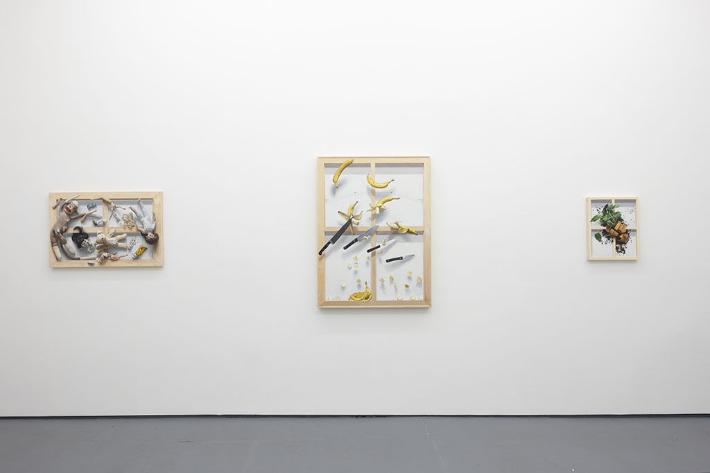 white wall with three paintings next to each other at Stephen Morrison Dog Show #4: House Broken exhibit