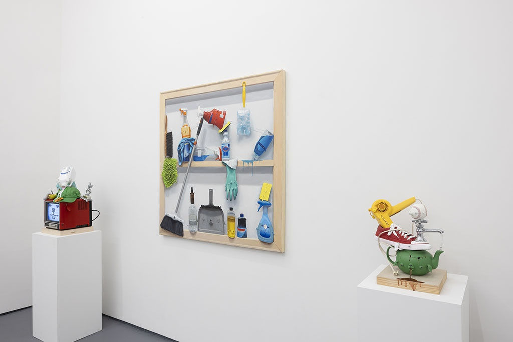 large painting with colorful sculptures on either side and white walls at Stephen Morrison Dog Show #4: House Broken exhibit