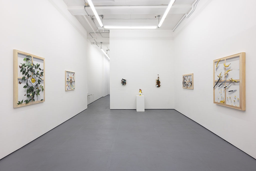 wide shot photo of paintings and sculptures on white walls at Stephen Morrison Dog Show #4: House Broken exhibit