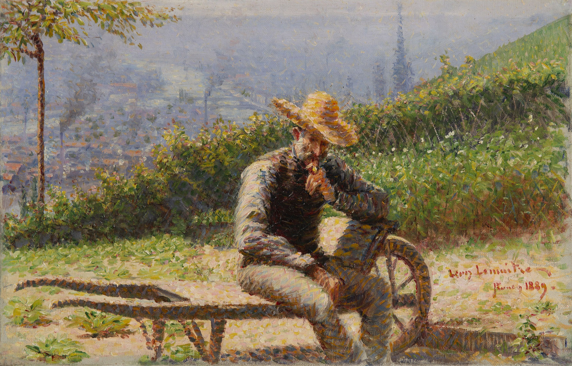 LÉON-JULES LEMAITRE Portrait présumé de Charles Angrand sur une brouette dans un jardin surplombant Rouen, 1889 Huile sur toile 27 x 46 cm Signé, daté et localisé en bas à droite : Léon Lemaitre Rouen 1889