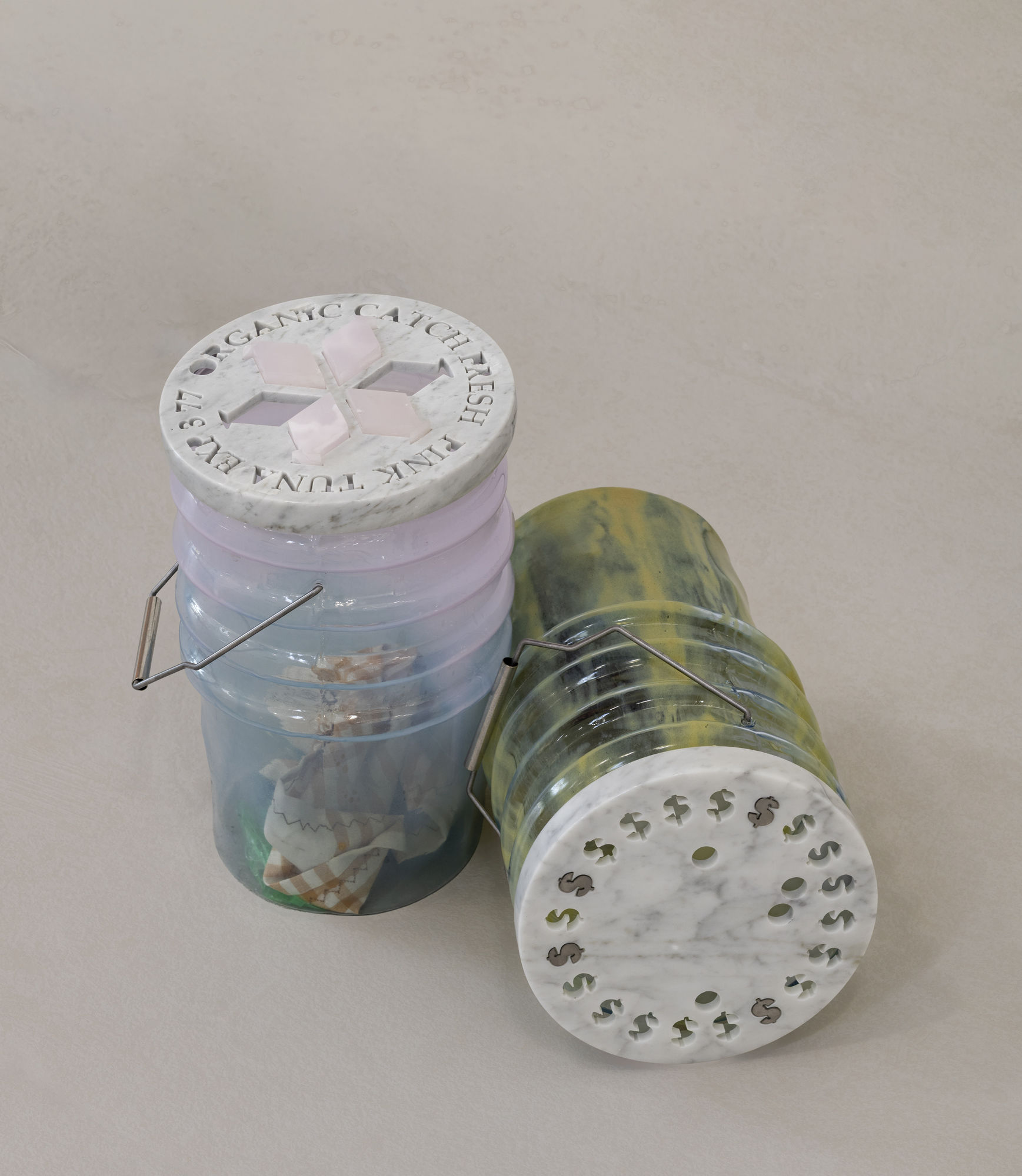 Catherine Telford Keogh Dust Gardens (Loose Change), 2025 Mold-blown glass (Leaktite™ 2-gallon white plastic pail), waterjet-cut white marble, steel rod, dimes, magnifying sheets, stainless steel drinking straw, nickel-plated chain, cast silicone found cockroaches 10¼ x 10¼ x 17¼ inches 26 x 26 x 43.7 cm