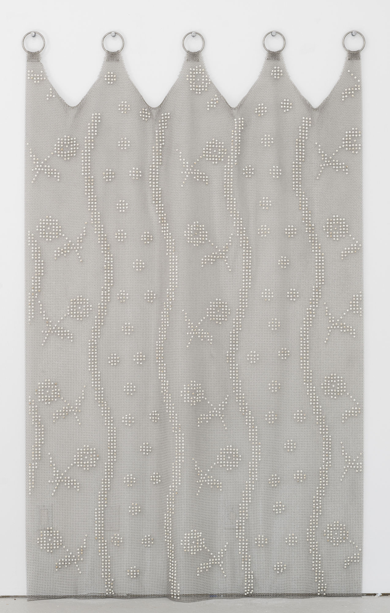 Wretched Flowers Tapestry IV (1850-60 French Cotton), 2025 Stainless steel, white jade 92 1/2 x 58 x 2 inches 234 x 147 x 5 cm