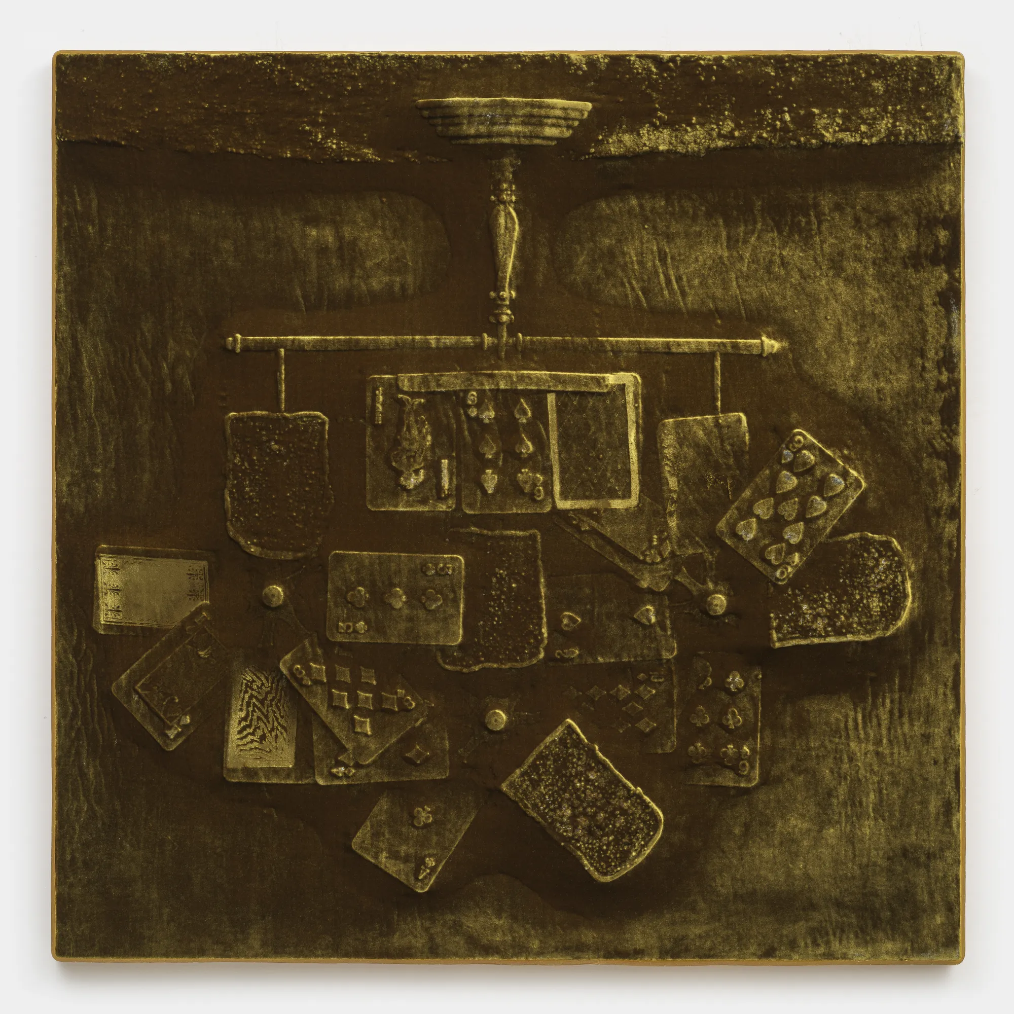 Lior Modan (b. 1983) Lighting and Unlighting, 2026 Velvet, foam, wood, plastic, cardboard, sand, epoxy putty in cast rubber frame 40 x 40 inches 101 x 101 cm LMO007