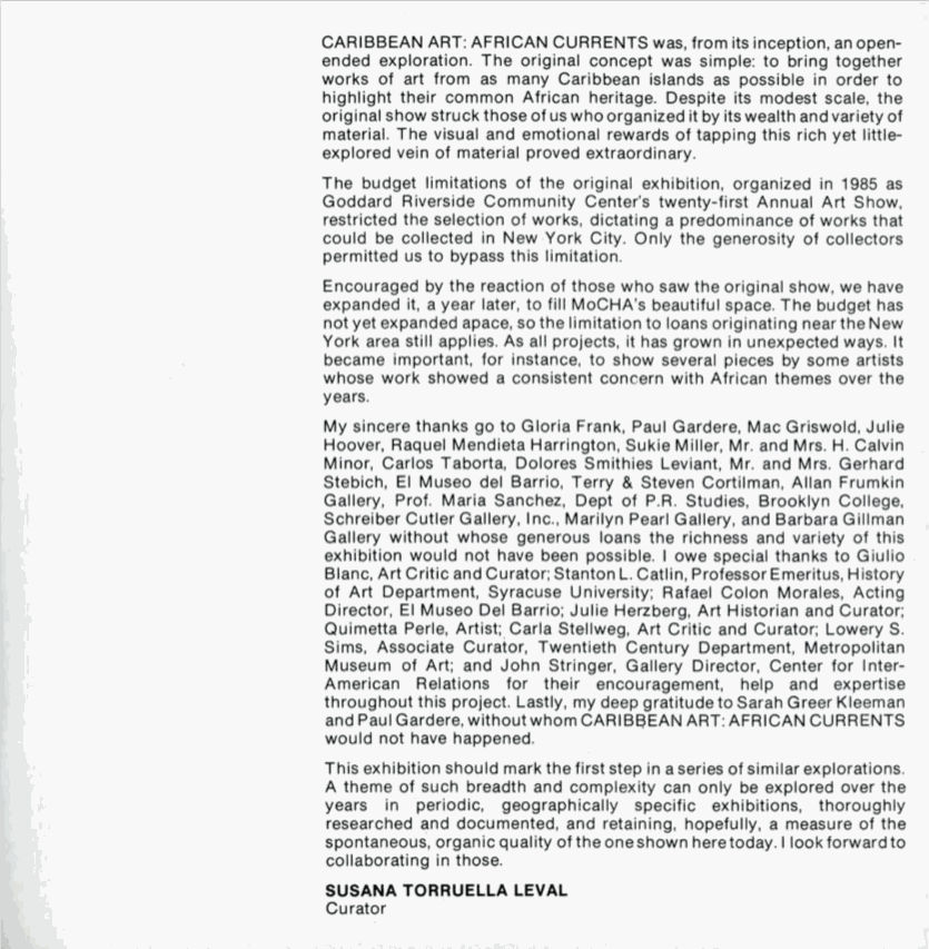 Letter from Curator Susana Torruella Leval, Caribbean Art / African Currents, Musuem of Contemporary Hispanic Art (MoCHA), April 17 - May 25, 1986