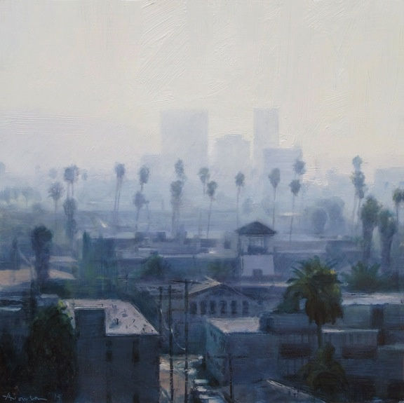 Ben Aronson Palms and Haze, 2014 oil on panel 16 x 16 inches signed lower left