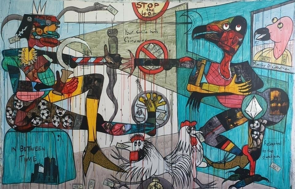 Blessing Ngobeni In Between Time, 2020 signed recto mixed media on canvas 76 3/4 x 118 1/8 in